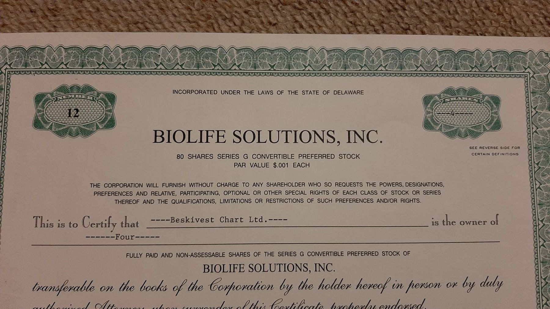 Documenti: Aktie Biolife Solutions Inc, Delaware – Usato da Porza venduto da ulletta1 1