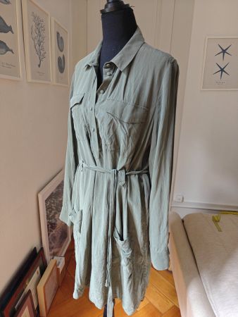 Sézane washed silk army green safari cargo dress 44