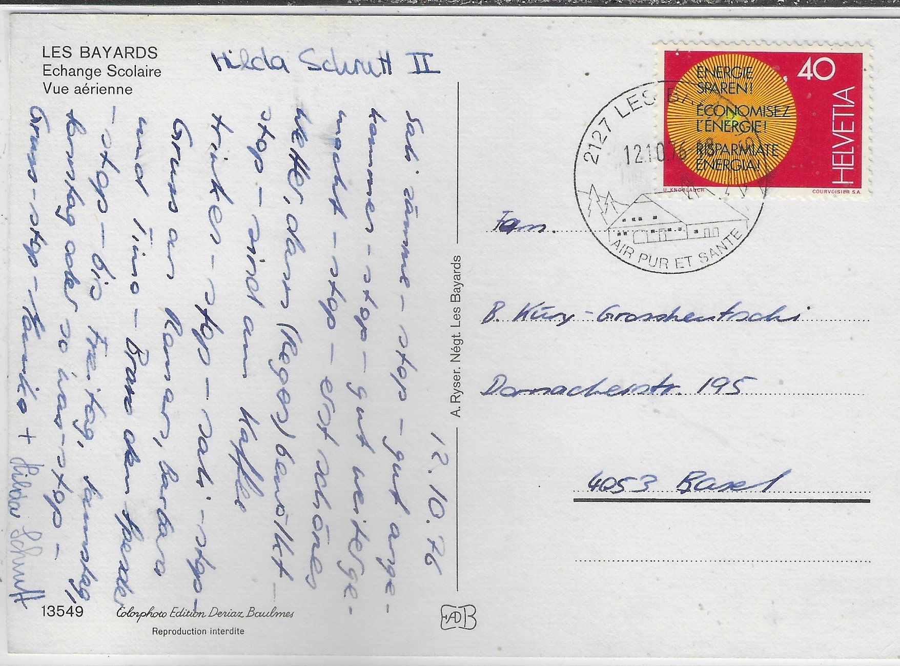 Cartoline postali: Les Bayards - Echange Scolaire - Vue aerienne – Usato da Ettingen venduto da Kartenplanet 1