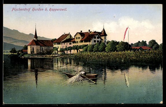 Cartoline postali: AK Hurden, Ortsansicht mit Fischerboot – Usato da Berlin venduto da bartko-reher