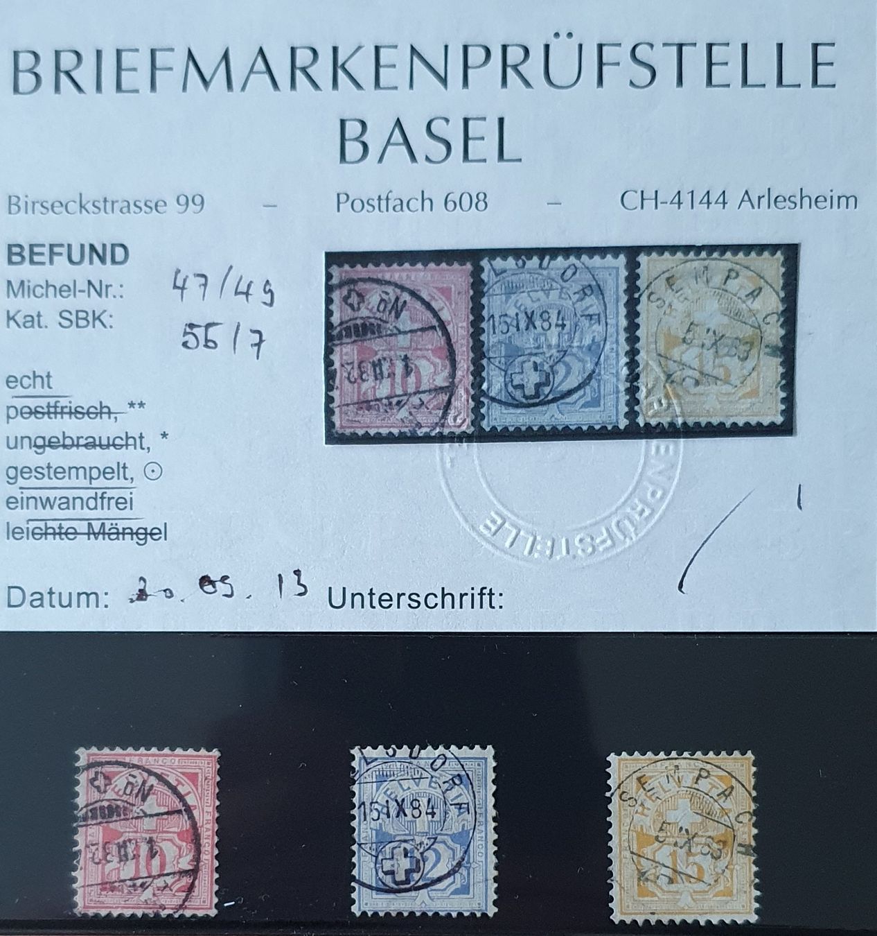 Tutti i francobolli: Ziffermuster weisse Papier 55-57  mit  Befund – Usato da Kreuzlingen venduto da Rschweiz1