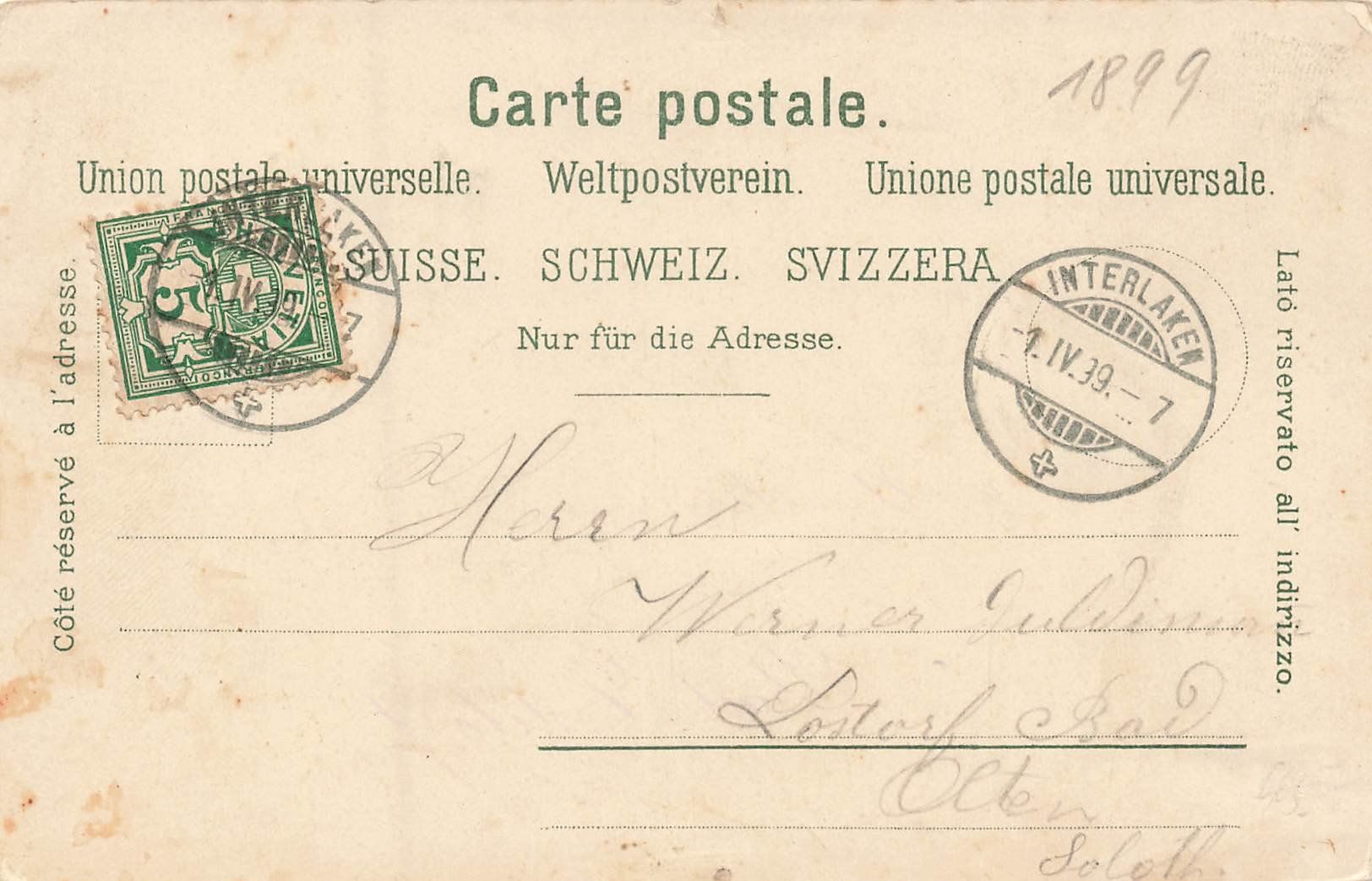 Cartoline postali: Interlaken Ansicht 1899 – Usato da Schwyz venduto da Seffi56 1