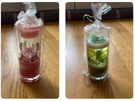 2 Stk. Kerzen mit Schmetterling, rosa + grün