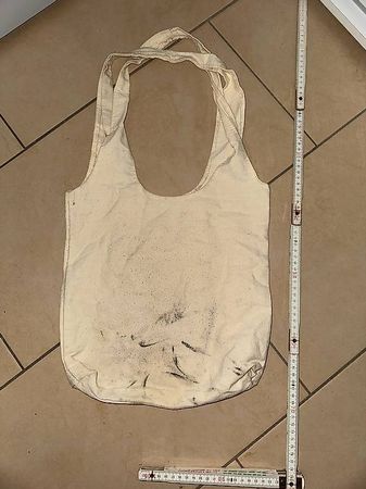 Tasche Stofftasche bedruckt Pilze naturfarben gebraucht