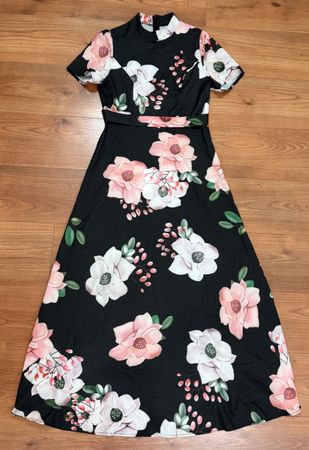 Damen Maxi Kleid Schwarz Blumen Elegant