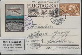 1924 illust. Karte Solothurn/Grenchen Flugtag ZH-BS ab 1.-