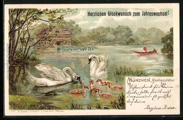 Cartoline postali: Litho München-Schwabing, Kleinhesselohe – Usato da Berlin venduto da bartko-reher