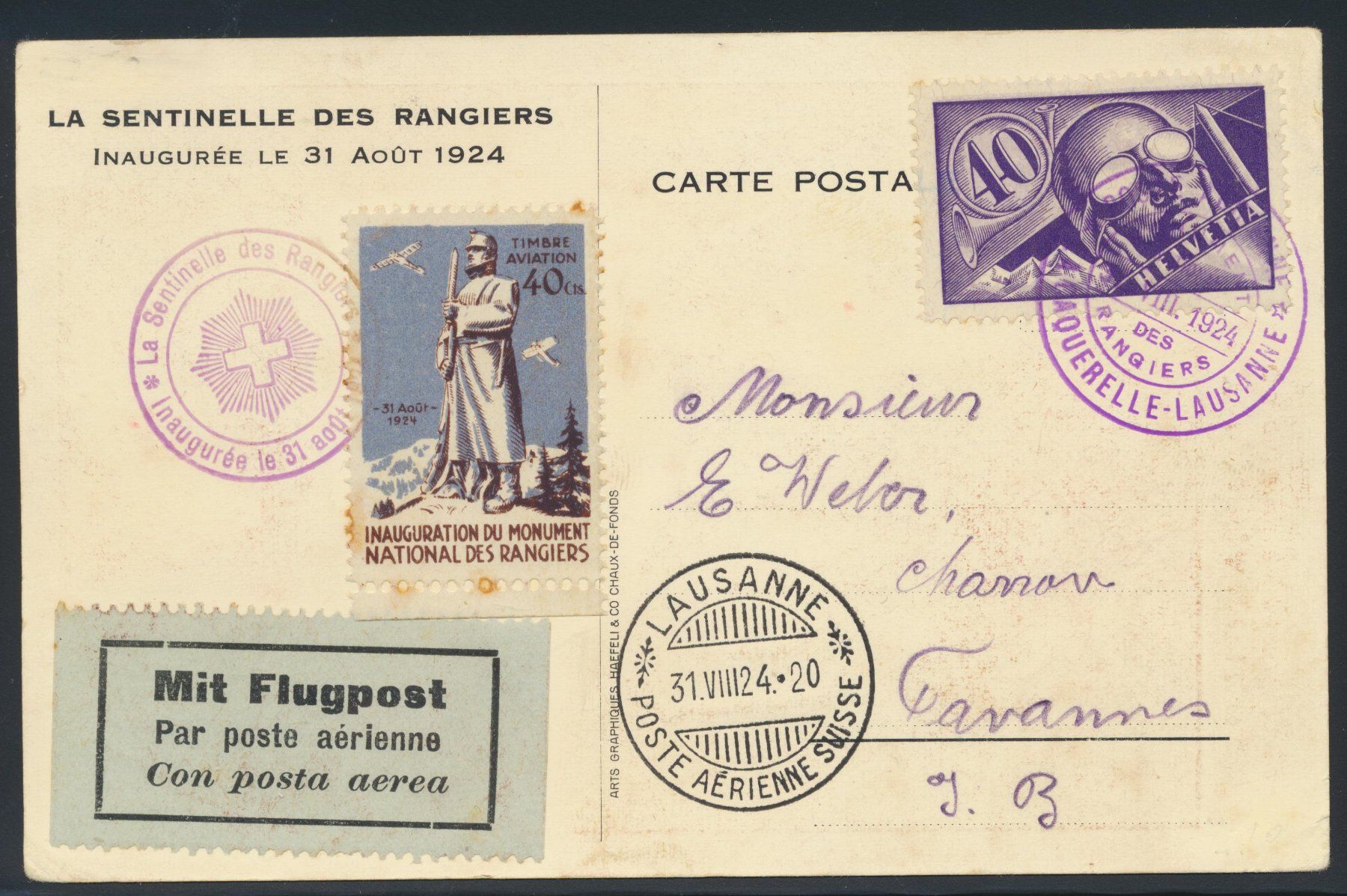 Tous les timbres: Flugpostkarte "Les Rangiers" 1924 – D'occasion à Roggwil BE par Stampdealer3