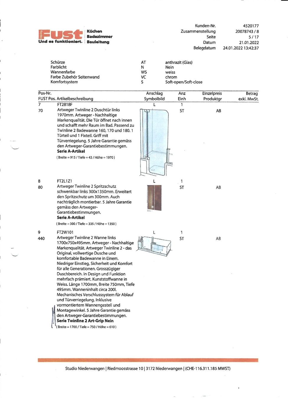 Artweger Badewannen: Artweger Twinline 2 Duschtüre links 1970mm. – Gebraucht aus Thierachern von dim_5nf5