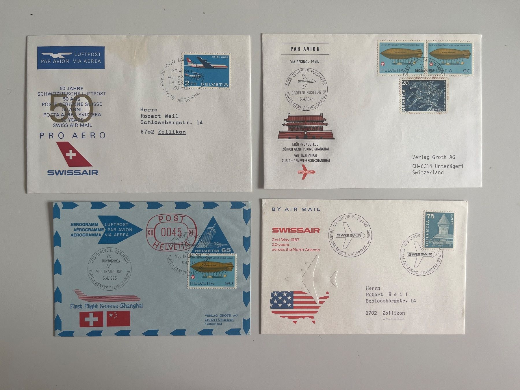 Alle Briefmarken: Ganzsachen SWISSAIR Flugpost – Gebraucht aus Adliswil von derrick0825