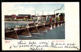 AK Basel, Alte Rheinbrücke, Strassenbahnen, Stadtpanorama
