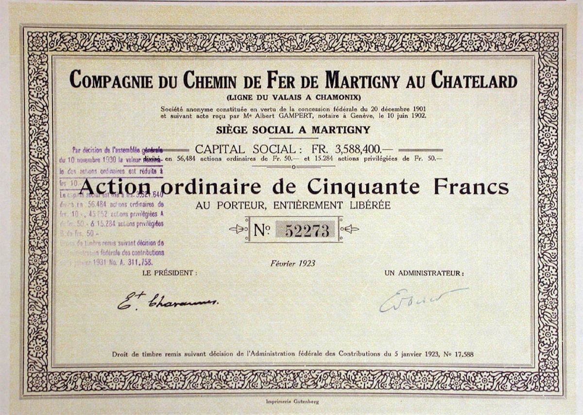 Documenti: Compagnie du CdF Martigny au Chatelard, Martigny - 1923 – Usato da Solothurn venduto da Sgasche