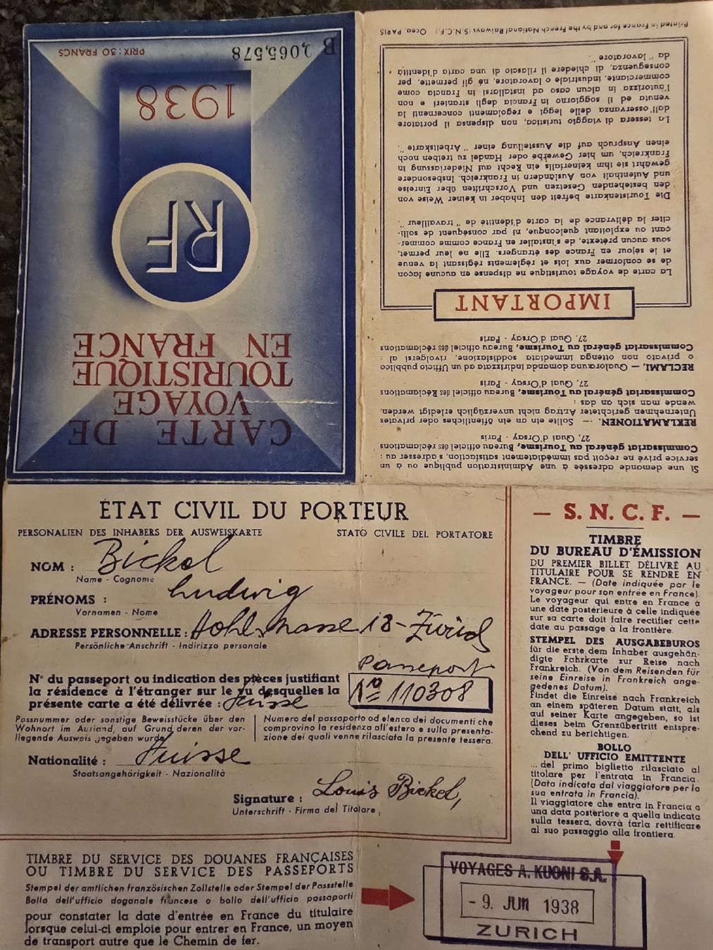 Biglietti: Eisenbahnticket RF 1938 – Usato da Zufikon venduto da manifesto 1
