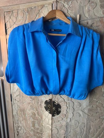 ZARA Bluse Crop Top Blau Kurzarm Sommer Elegant Luftig - S
