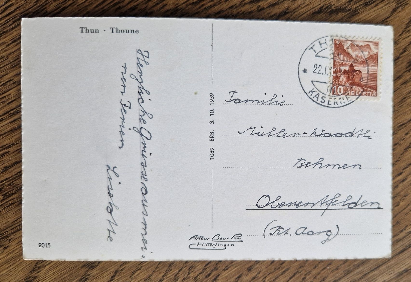 Ansichtskarten: Thun 1943 – Gebraucht aus Ebikon von Donar50 1
