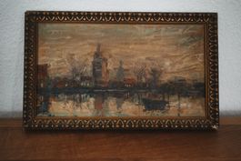 Ölgemälde Stadtlandschaft Fluss impressionistisch gerahmt