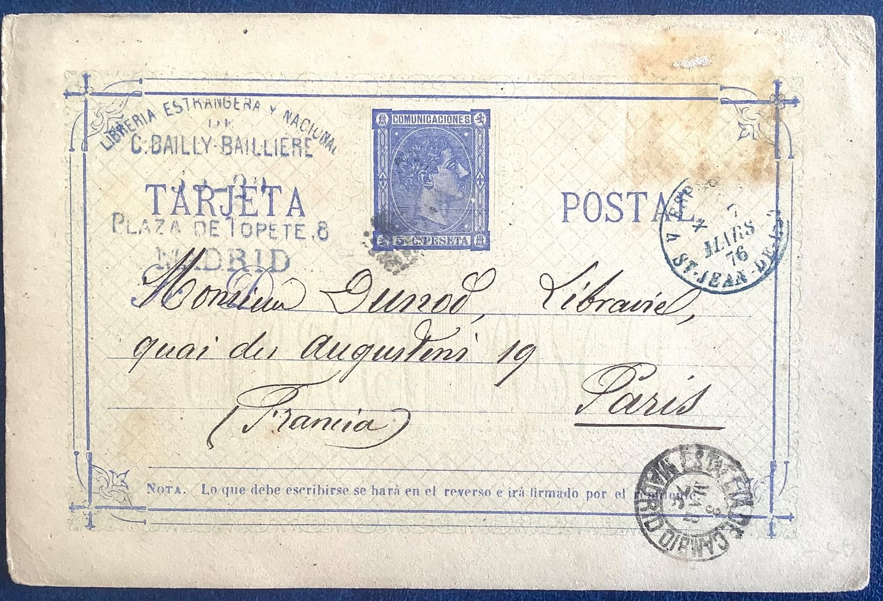 Alle Briefmarken: 1876 Spanien Postkarte - Madrid - Paris – Gebraucht aus Liestal von Skunk02