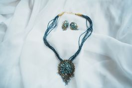 Vintage Schmuckset Collier Ohrringe blau Strass bronze Ethno