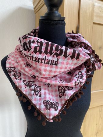 Halstuch Alprausch kariert rosa braun mit Bommeln 80cm