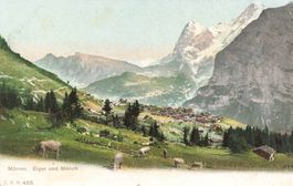 Mürren (BE) Blick auf das Dorf mit Weiden und im Hintergrund