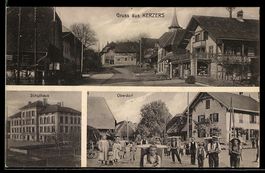 AK Kerzers, Oberdorf, Schulhaus und Straßenpartie mit Kirche