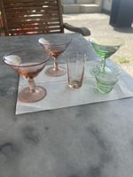 Vintage Glas-Set – Rosé & Grün, ca. 1930–1950, mundgeblasen