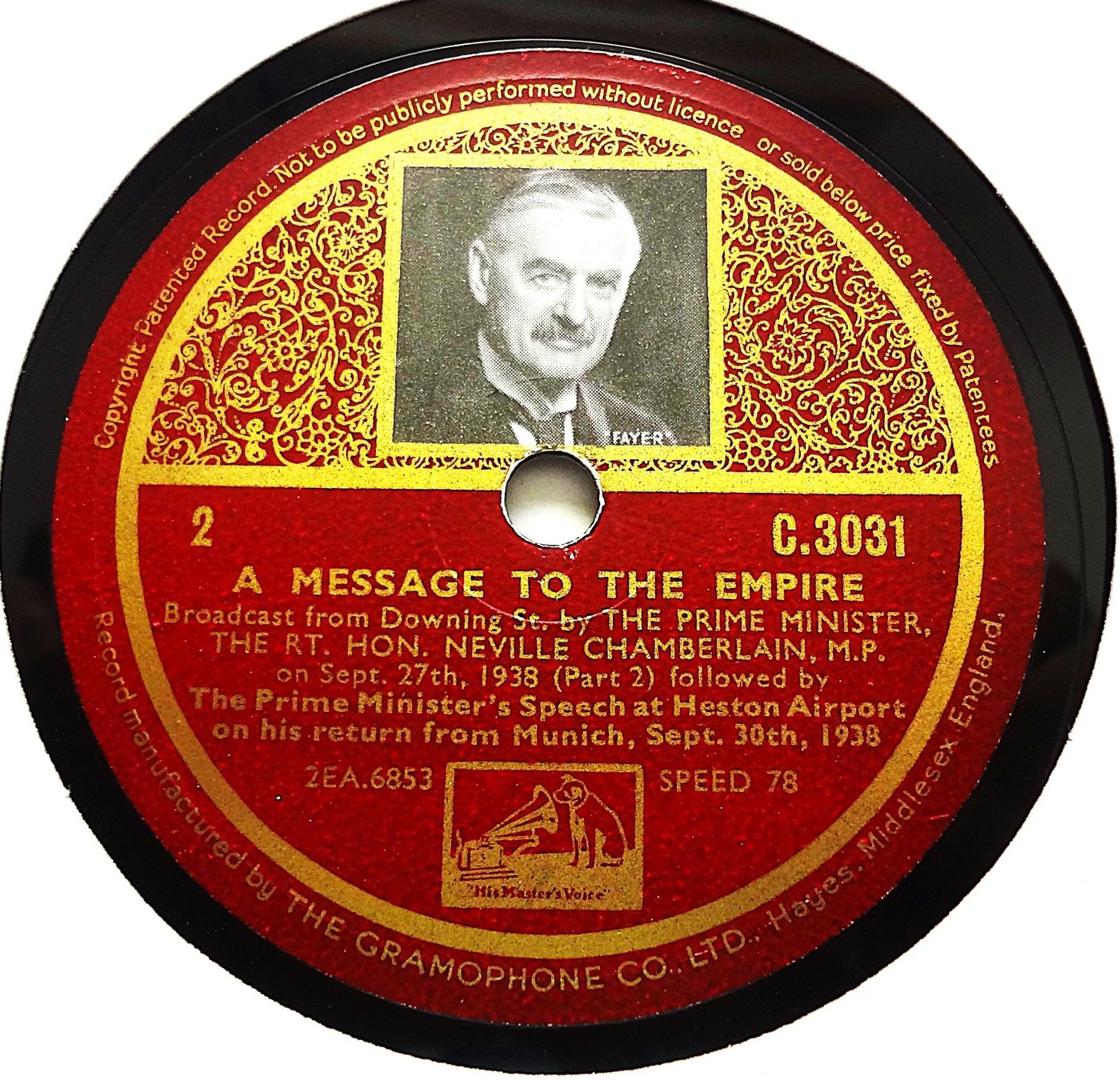 Schallplatten: Neville Chamberlain, Historisch interessante Schellackplatte – Gebraucht aus Hemishofen von Phonomandy 1