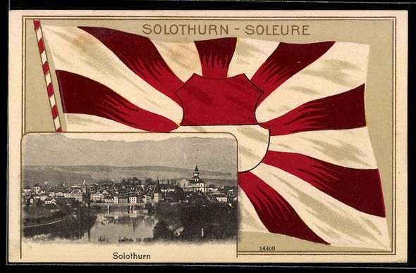 Cartoline postali: Solothurn, Ortsansicht mit Schweizerfahn – Usato da Berlin venduto da bartko-reher
