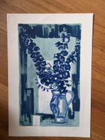 blaues Stilleben Bild Blatt Lithografie -Hand signiert Weber