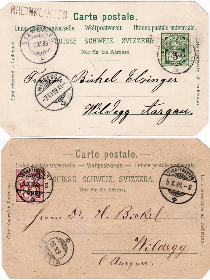 Cartoline postali: Schweiz, 2 Ansichtskarten Schaffhausen, 7.11.1899, 5.10.1899 – Usato da Hinteregg venduto da McCharly01 1