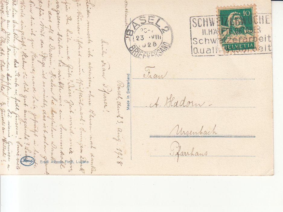 Ansichtskarten: Basel Wasserturm 1928 – Gebraucht aus Bürglen TG von StampGraf 1