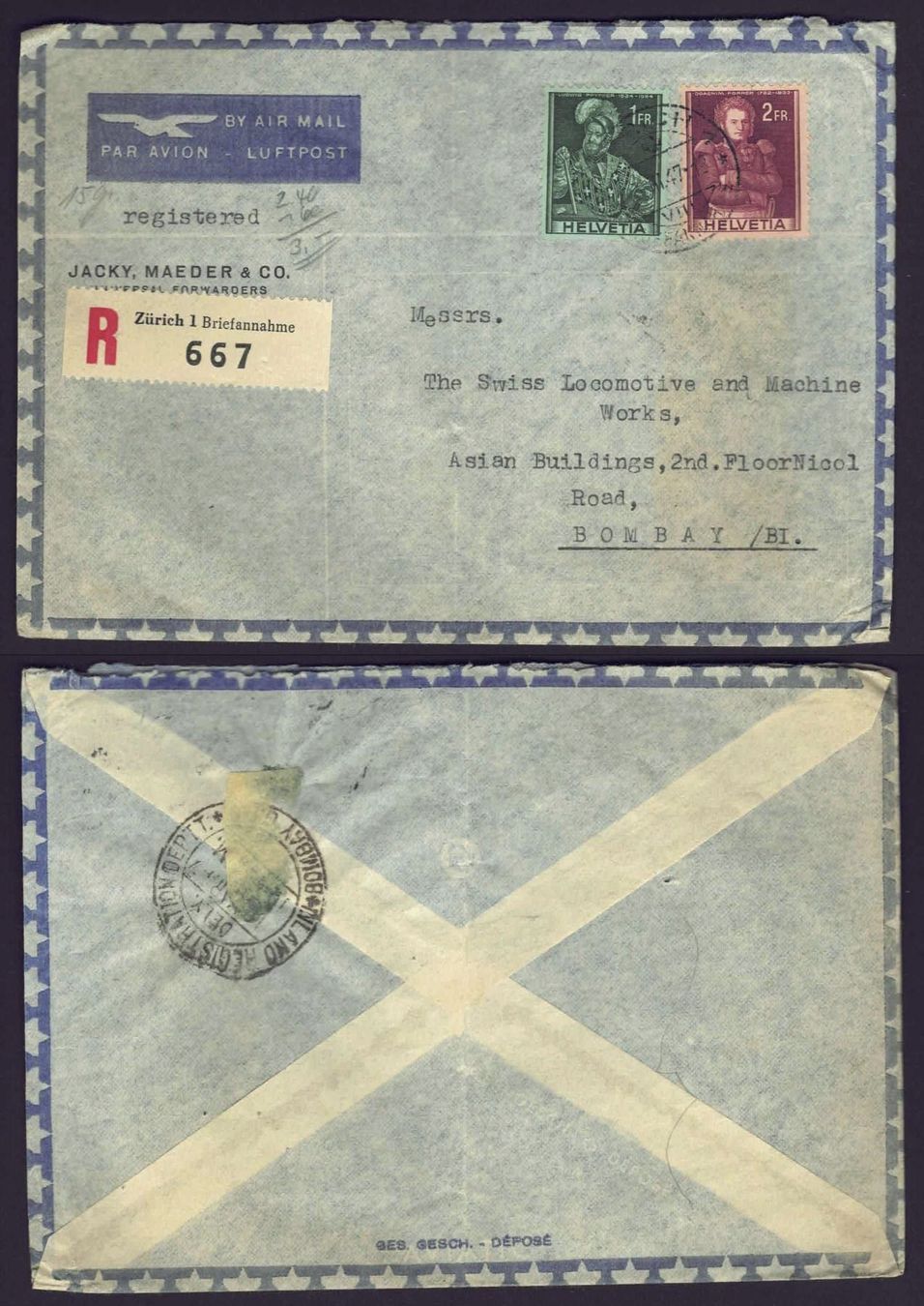 Tutti i francobolli: Luftpostbrief Schweiz nach Bombay v 1947 – Usato da Basel venduto da Pfefferschootte