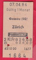 KARTON BILLETT, GOSSAU (SG) - ZÜRICH, 2.KLASSE, RETOUR