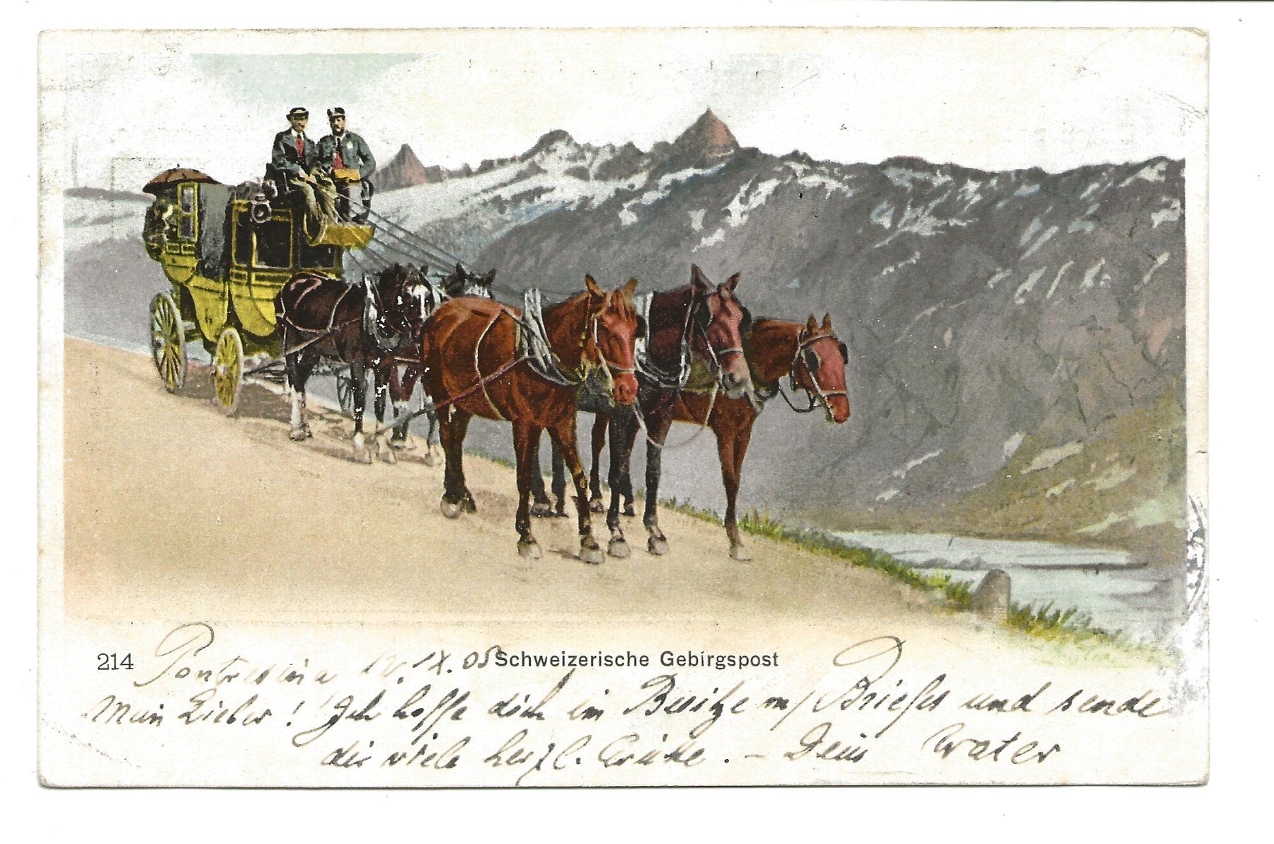 Cartoline postali: Schweizerische Gebirgspost - Postkutsche - Pontresina - 1905 – Usato da Engelburg venduto da Cartophil