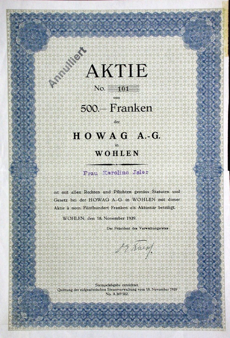Documenti: Howag AG Wohlen - 1939 – Usato da Solothurn venduto da Sgasche