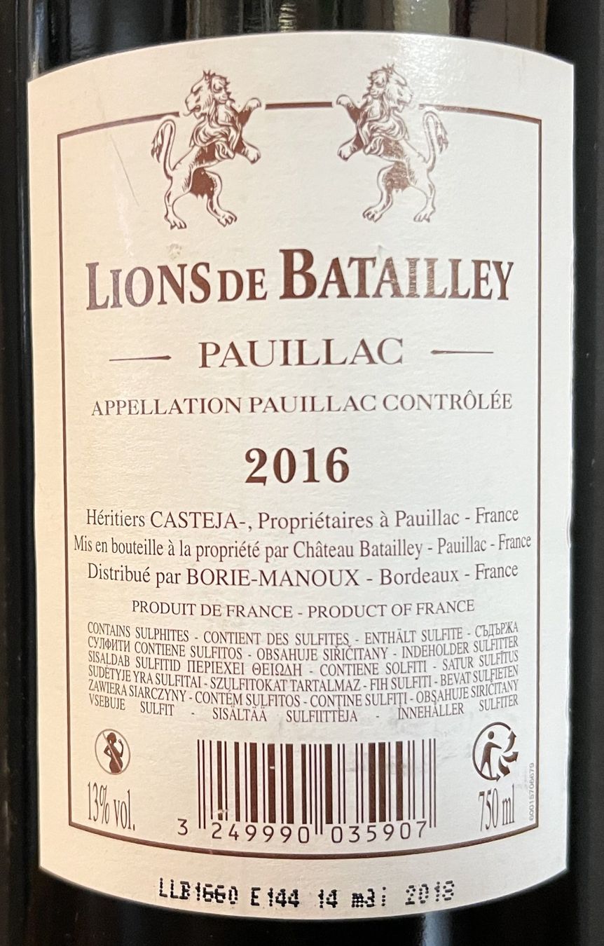 Vino: CHATEAU LIONS DE BATAILLEY 2016 PAUILLAC – Nuovo e nell'imballaggio originale da Oftringen venduto da Vucki 2