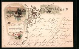 Litho Genf, Montblancbrücke, Blumen, Vo