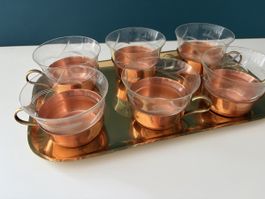 Tee-Set 6 Glasbecher mit Kupferhalterung und Messing Tablett