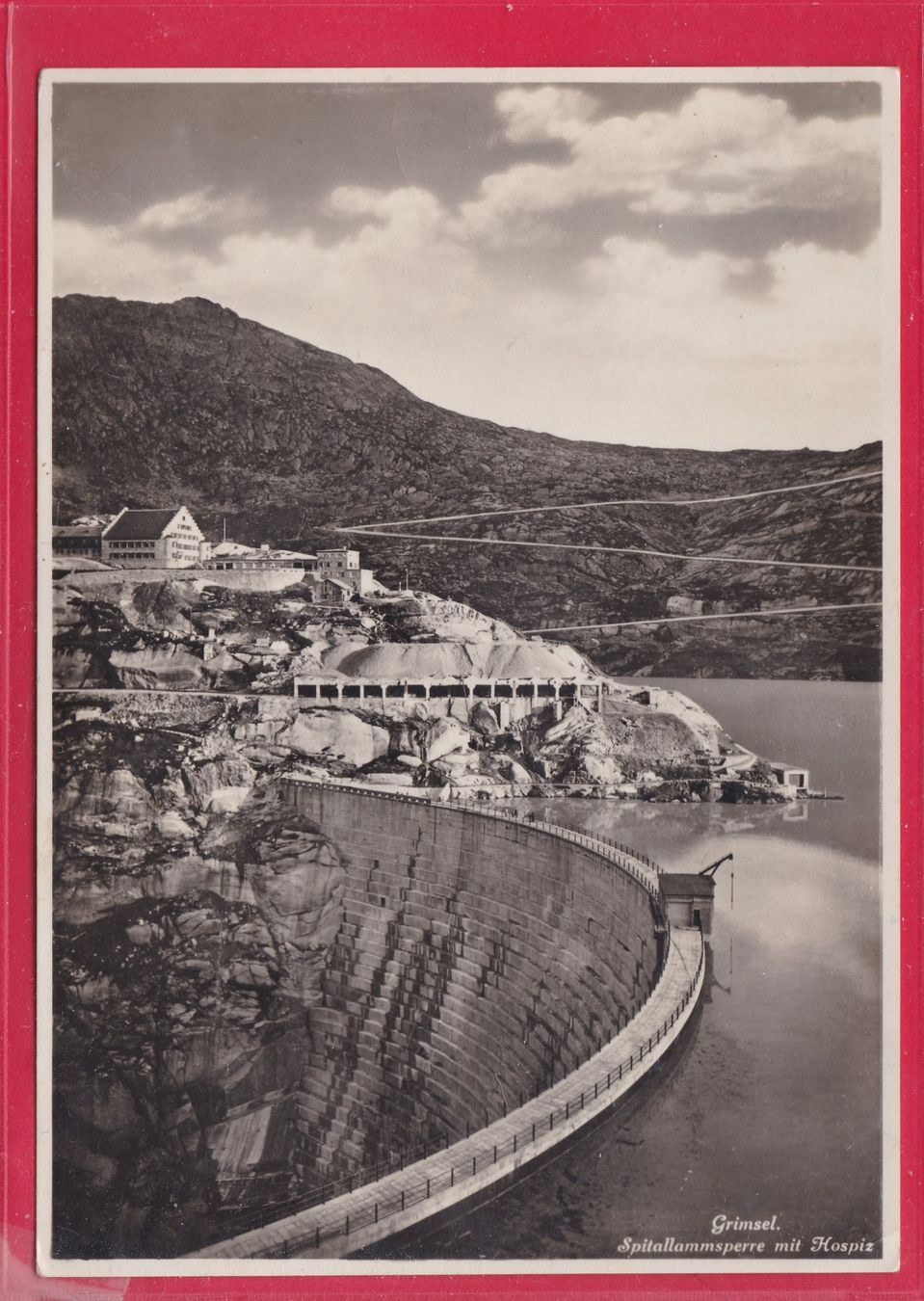 Cartoline postali: GRIMSEL, SPITALLAMMSPERRE MIT HOSPIZ, 18.7.1936 – Usato da Oberrieden venduto da Gebirgsstelze