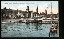 Zürich, Bootssteg mit Blick auf Post, S