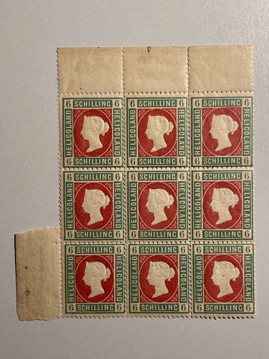 Tutti i francobolli: Helgoland 1876, Mi 4, 9er Block vom Bogenrand – Usato da Küssnacht a. Rigi venduto da Unique-Valuable 1