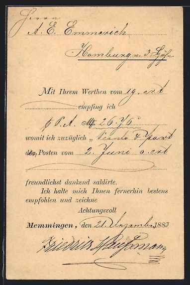 Ganzsachen: Vorläufer-AK Memmingen, 1883, Empfangsb – Gebraucht aus Berlin von bartko-reher