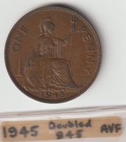 Doppelprägung 1945 One Penny GB doppelte Zahl 945 in AVF