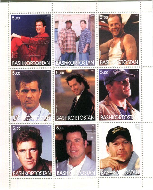 Tutti i francobolli: Block Mel Gibson, Bruce Willis, John Travolta Baschkortostan – Nuovo e nell'imballaggio originale da Basel venduto da Butsch5