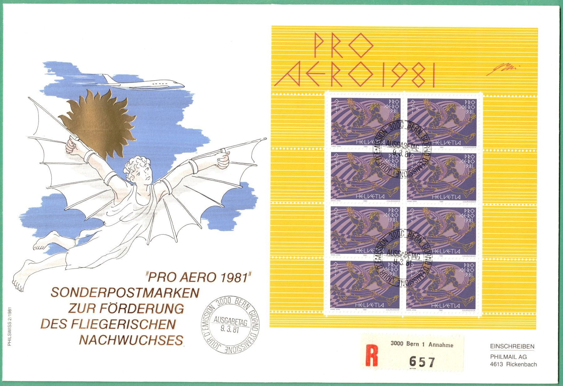 Tutti i francobolli: KB  R - FDC  1981   Pro Aero    SBK  80.00    philmail – Usato da Mellingen venduto da Ginger