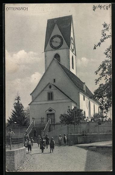 Cartes postales: AK Ottenbach, Strassenpartie mit Kirche – D'occasion à Berlin par bartko-reher