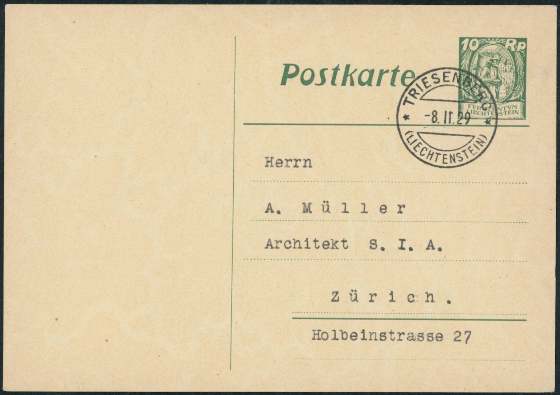 Tutti i francobolli: FL - Ganzsache - 1925 - Postkarte - Triesenberg – Usato da Schindellegi venduto da leecollect