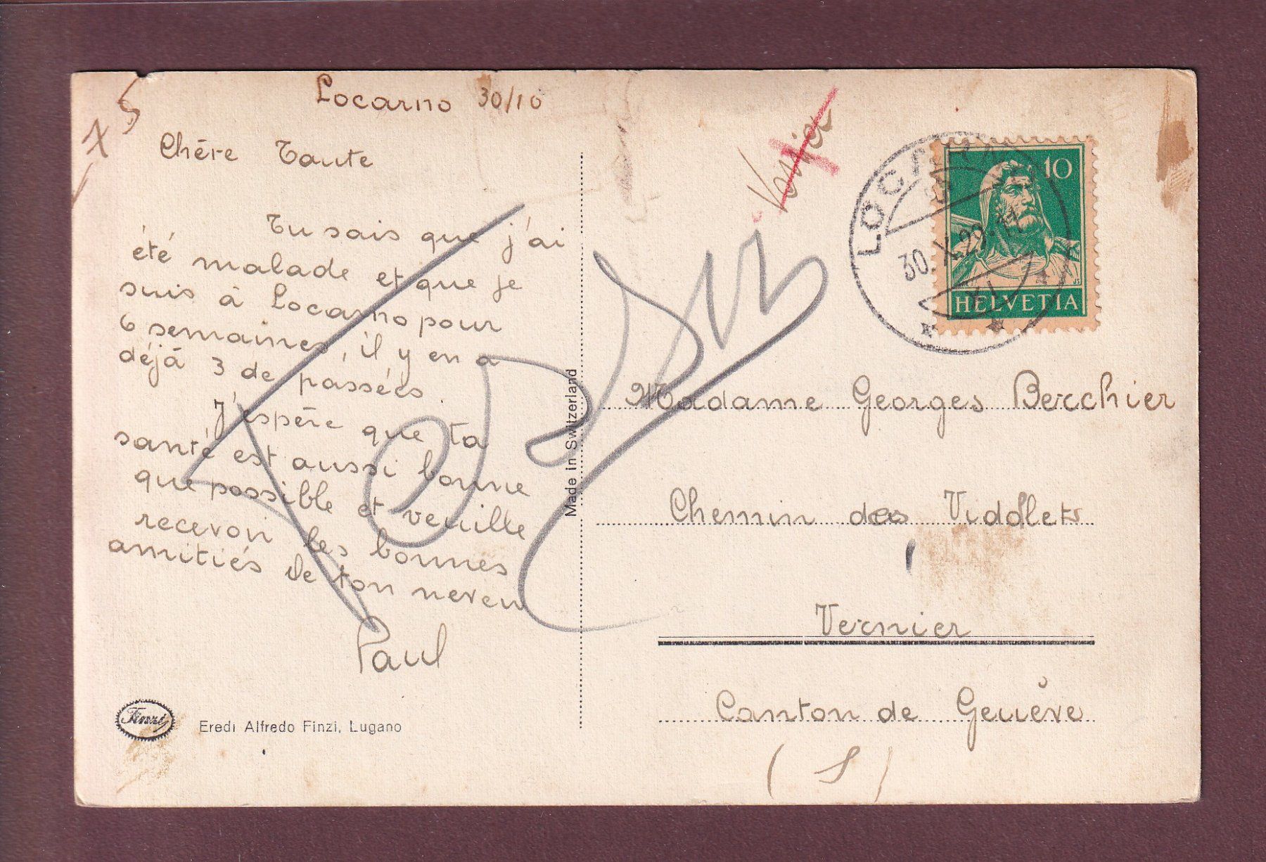 Cartoline postali: MURALTO - Minusio - 1929 – Usato da Pully venduto da nicecards 1