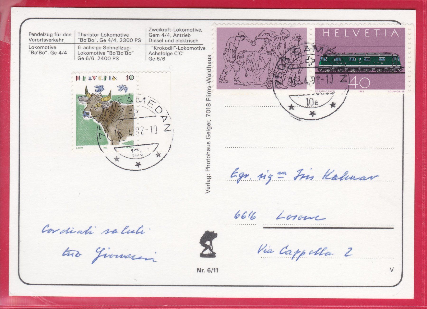 Cartoline postali: LOKOMOTIVEN DER RHÄTISCHEN BAHN, 16.4.1992 – Usato da Oberrieden venduto da Gebirgsstelze 1