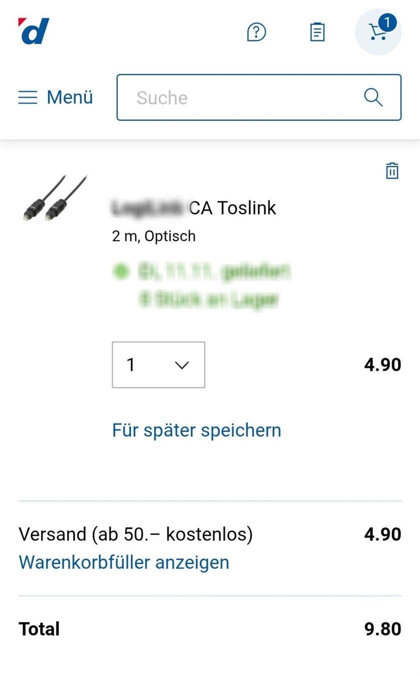 Kabel: 2 Meter Optical Audio Kabel - Toslink Glasfaser Kabel OD2.2 – Neu und originalverpackt aus Uster von -FPS- 1
